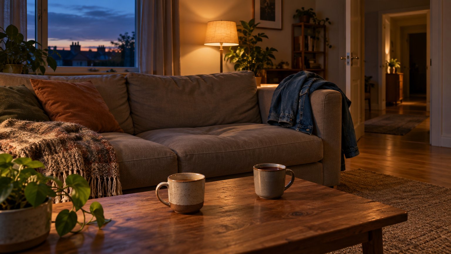 A living room at dusk with two mugs on a coffee table, one untouched