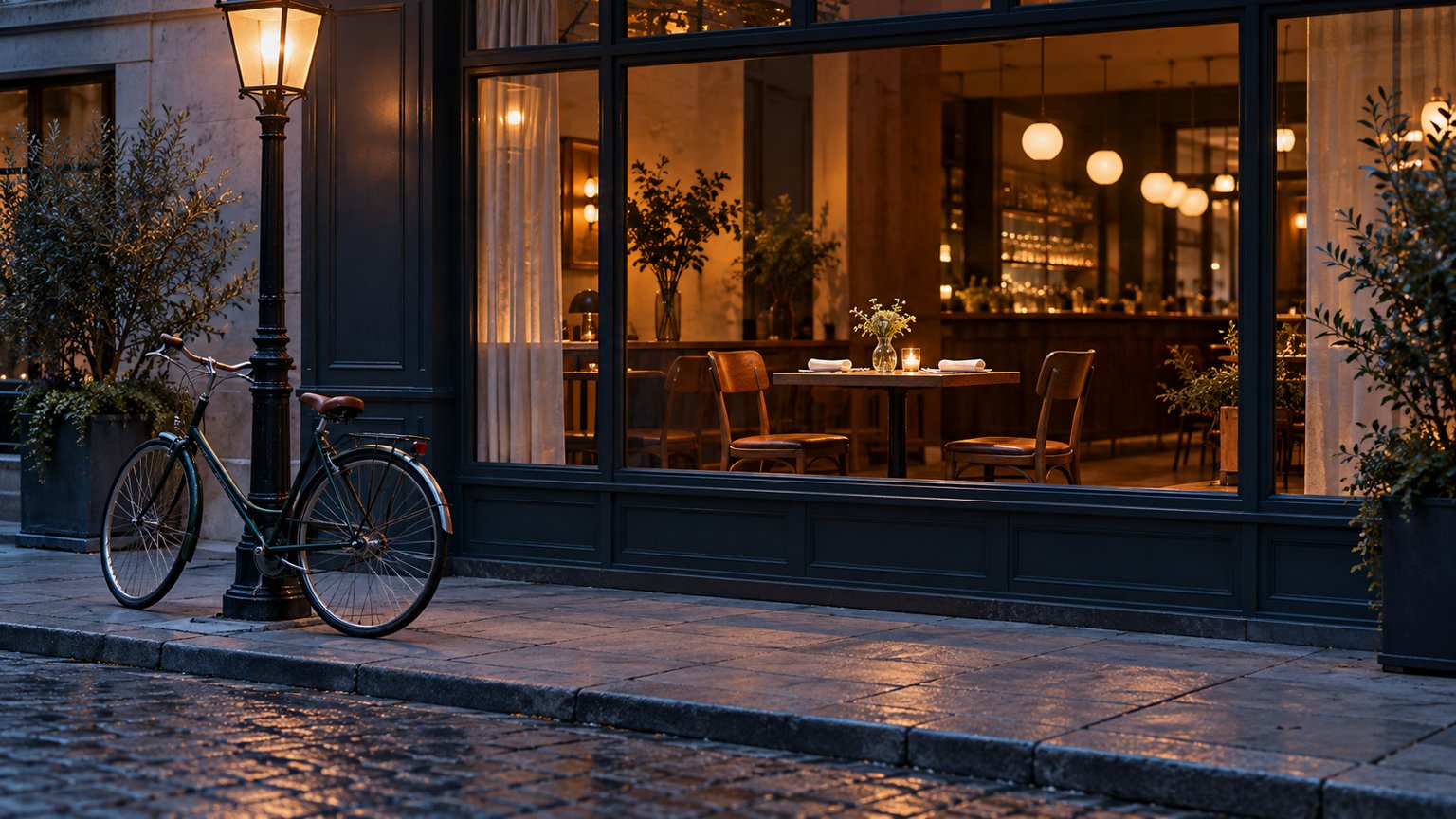 An empty table for two in a lit bistro window at dusk