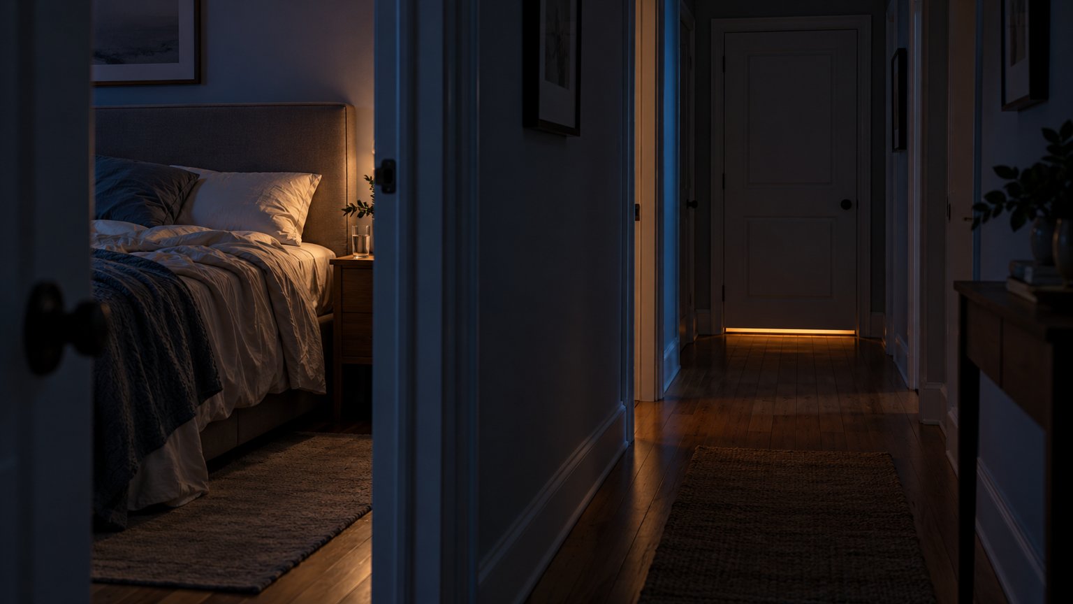 A dark flat hallway at night with light under a closed bathroom door