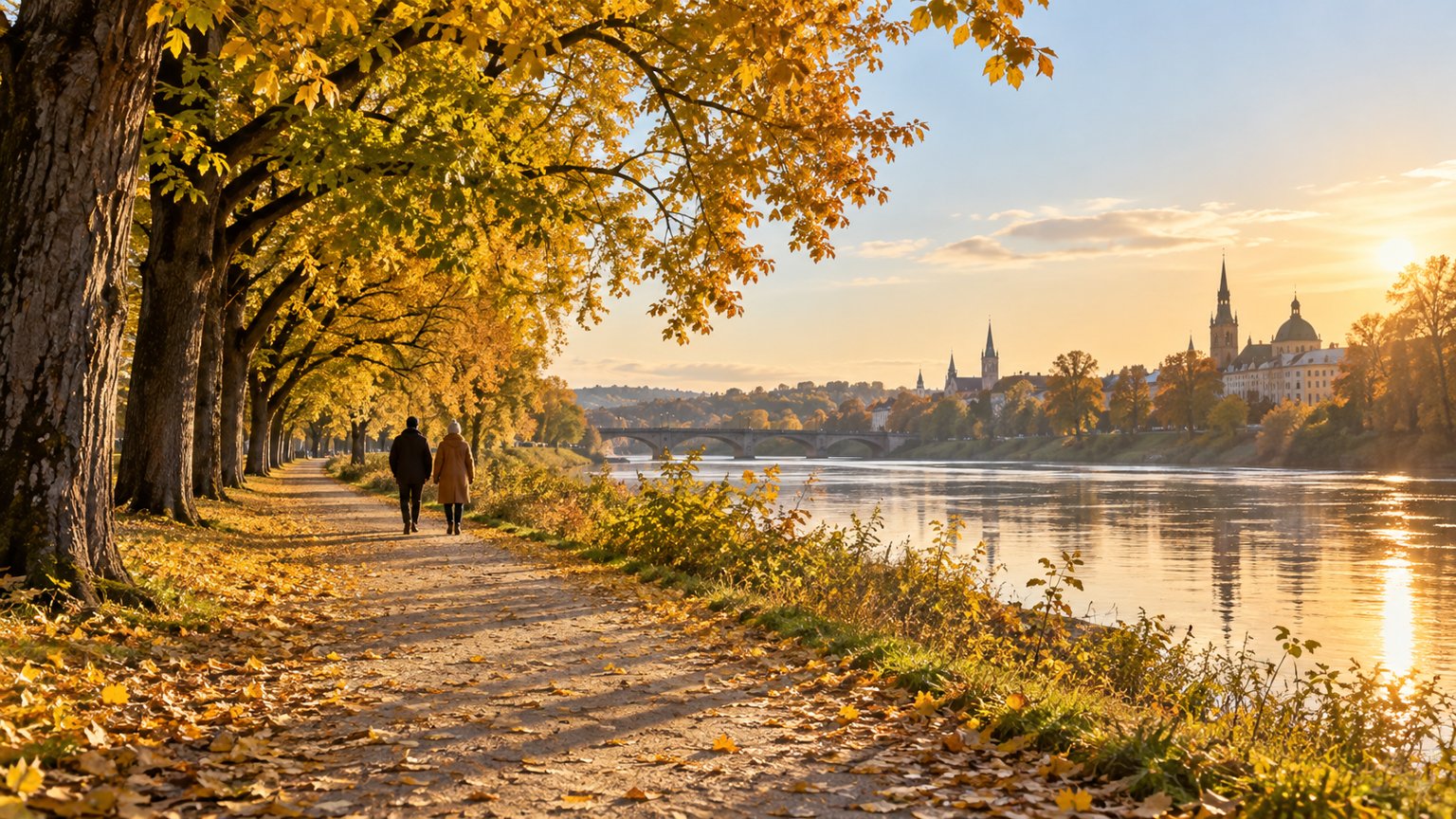 Two people walking side by side along an autumn riverside path in morning sun