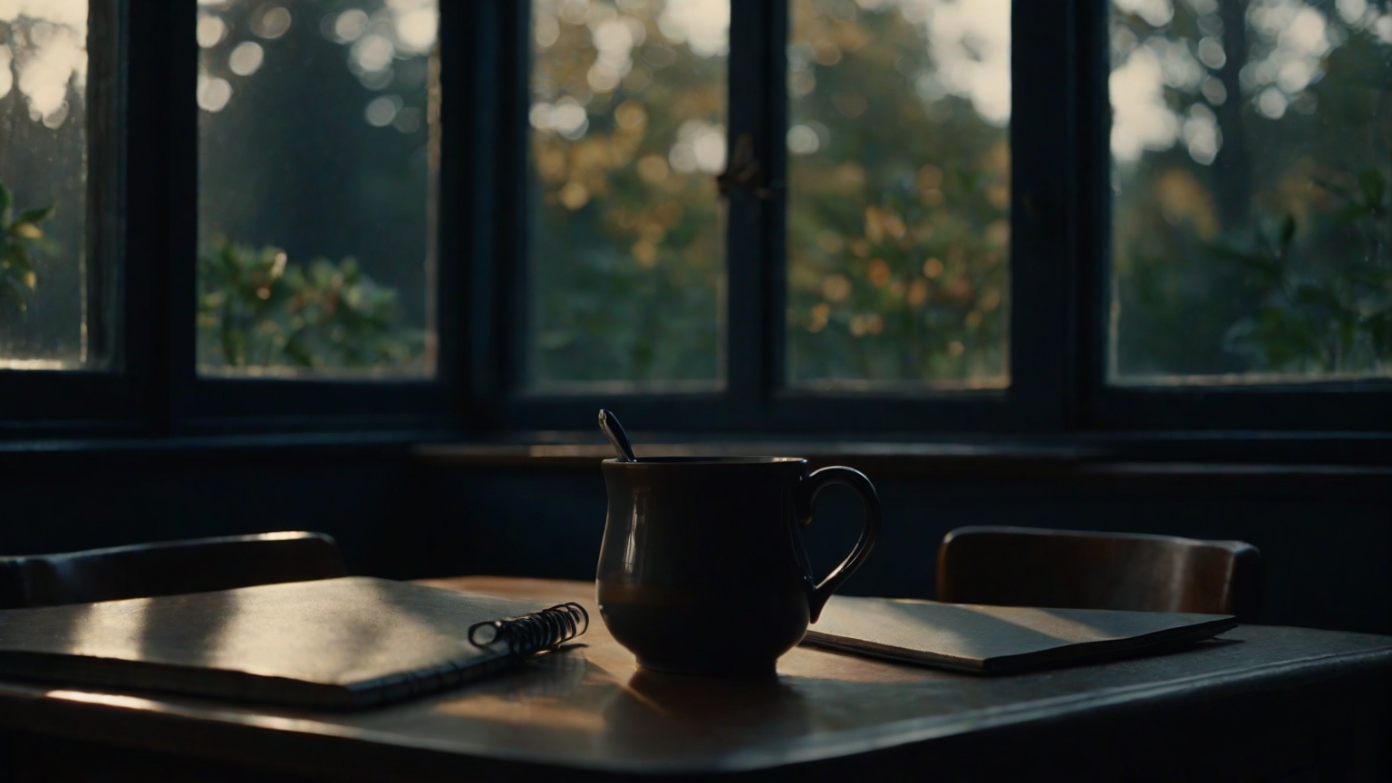 A quiet kitchen table in early morning light with a notebook