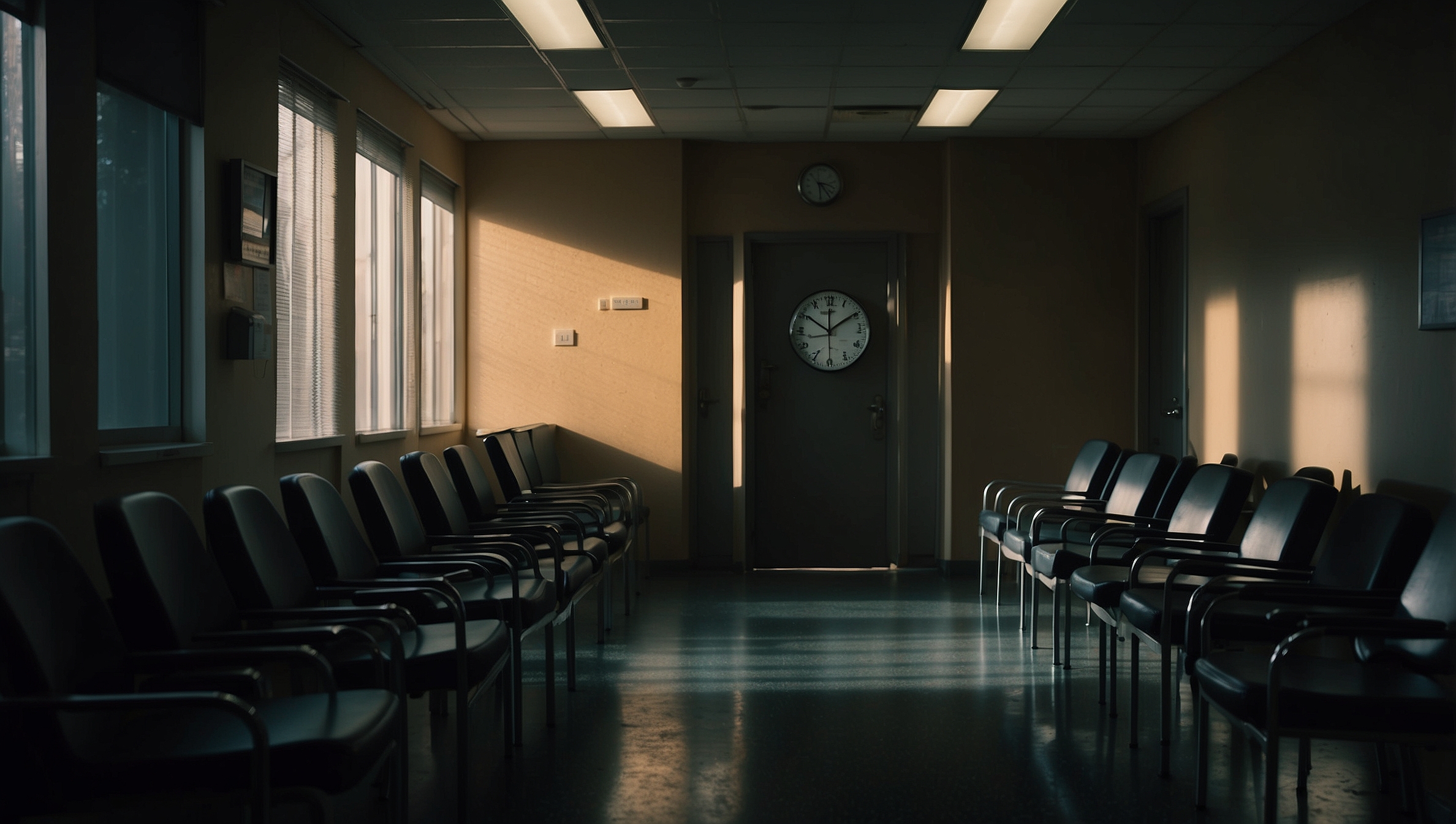 An empty clinic waiting room with rows of chairs under fluorescent light