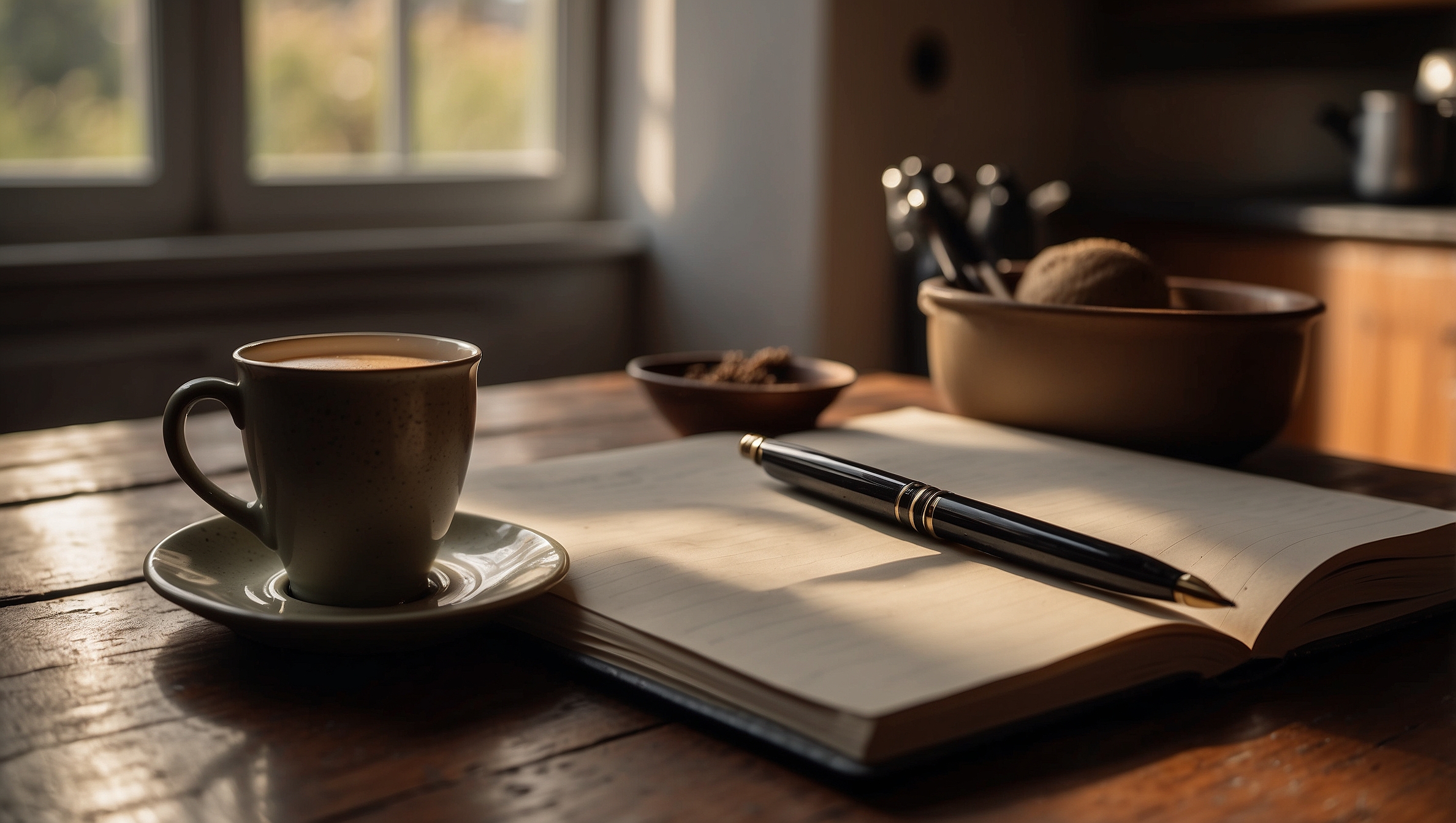 A notebook and pen on a kitchen table in soft morning light